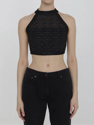 Balmain Sheer Geometric Halterneck Top With Metallic Threading In Black