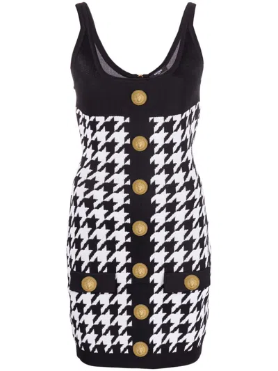 Balmain Hounstooth Knitted Minidress With Logoed Buttons In Black