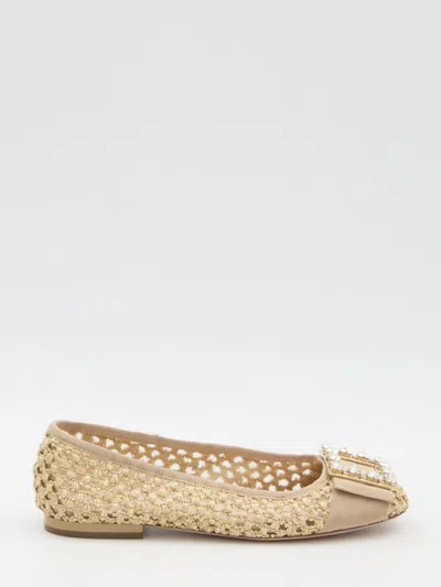 Roger Vivier Tres Vivier Raffia Strass Ballerina Flats In Beige