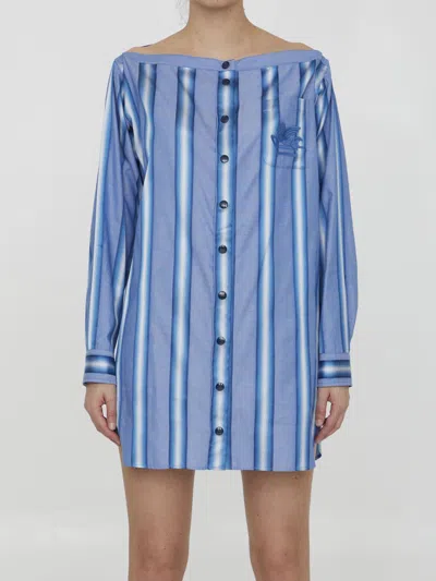 Etro Off-the-shoulder Embroidered Striped Cotton And Silk-blend Mini Shirt Dress In Blue