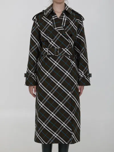 Burberry Green Oversized Double-breasted Trench Coat With Check Motif In Twill Woman In Black