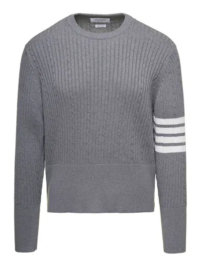 Thom Browne Cable-knit Jumper With Signature 4 Bar Detailing In Grey Cotton Man In Grey