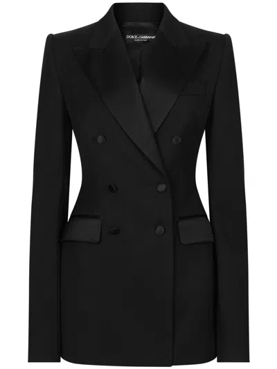 Dolce & Gabbana Double-breasted Wool Blend Blazer With Satin Detailing In Black