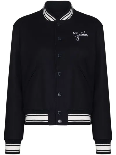 Golden Goose Wool Blend Bomber With Embroidered Logo In Blue