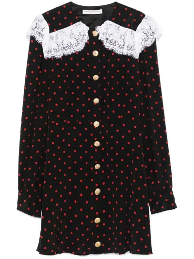 Alessandra Rich Lace-trimmed Polka-dot Silk-crepe Mini Dress In Black Red