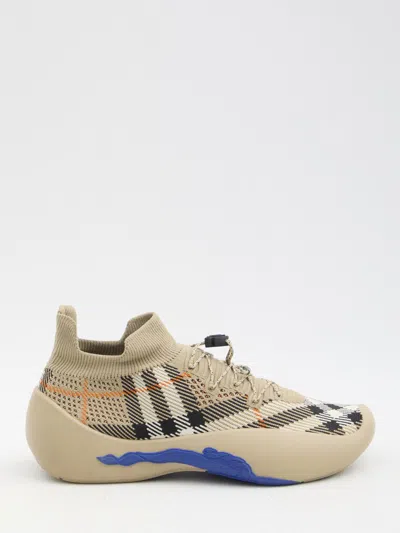 Shop Burberry Check Knit Neptune Sneakers In Beige