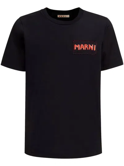 Marni Mens Black Embroidered Logo-patch Crewneck Cotton-jersey T-shirt In Black