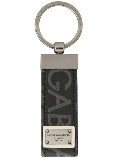 Dolce & Gabbana Coated Canvas Keychain With All-over Lettering Logo In Grey