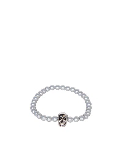 Alexander Mcqueen Beaded Skull Silver Bracelet In Grey
