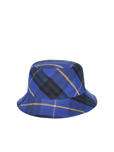 Burberry Blue Checked Linen Bucket Hat In Blue