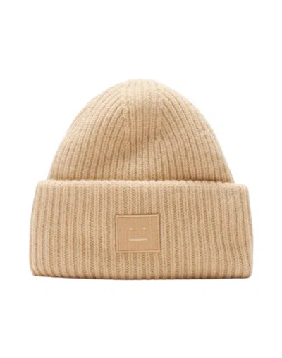 Acne Studios Large Face Logo Beanie In Beige