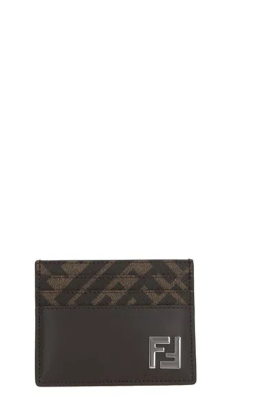 Fendi Brown Card-holder With Squared Ff Motif In Leather And Ff Canvas Man In Ebony