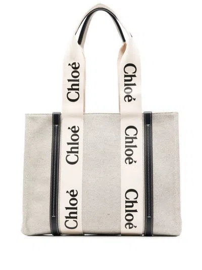 Chloé Woody Medium Canvas And Leather Tote Bag In Blue