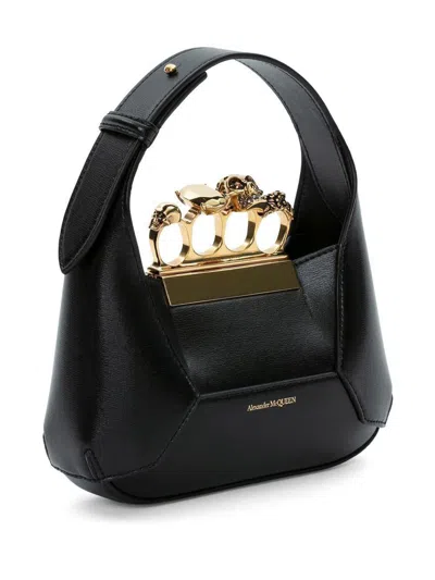 Alexander Mcqueen Black Leather Ring With Swarovski In Black