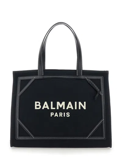 Balmain B-army Medium Shopper In Black And White Canvas And Leather In Black