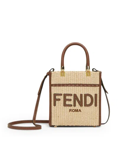Fendi Mini Sunshine Straw Tote Bag In Beige