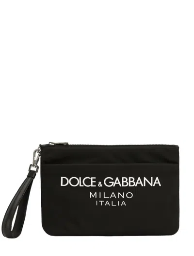 Dolce & Gabbana Black Pouch With Contrasting Rubberized Logo In Nylon In Black