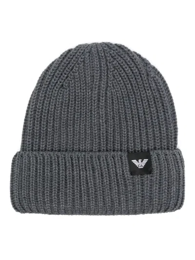 Emporio Armani Logo Wool Beanie In Grey