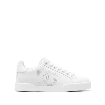 Dolce & Gabbana Women Portofino Low-top Leather Sneakers With Lateral Monogram In White