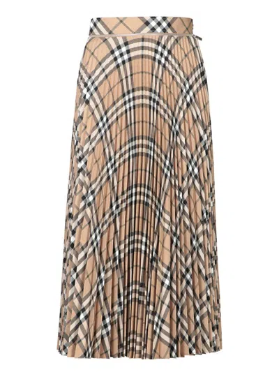 Burberry Wool Blend Pleated Check Skirt Skirts Beige In Beige