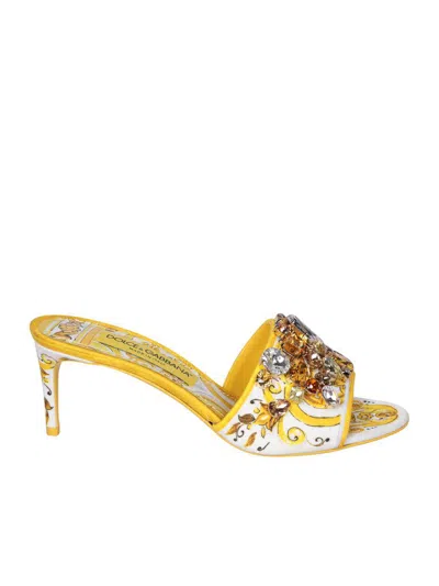 Dolce & Gabbana Keira 60 Majolica Print Crystal Embellished Mules In Yellow