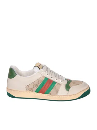 Gucci Screener Embellished Canvas-trimmed Distressed Leather Sneakers In Beige