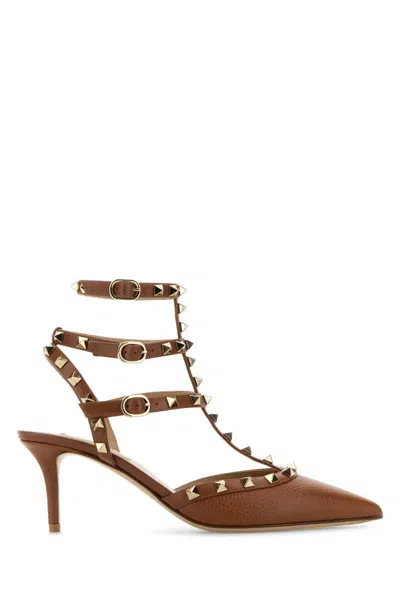 Valentino Rockstud Caged 65 Grainy Leather Ankle Strap Pump In Brown