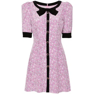 Alessandra Rich Clover Bow And Button-embellished Floral-print Silk Mini Dress In Pink