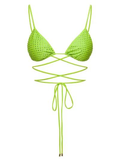 Self-portrait Bikini Top With All-over Crystal Embellishment In Green Polyamide Woman In Green
