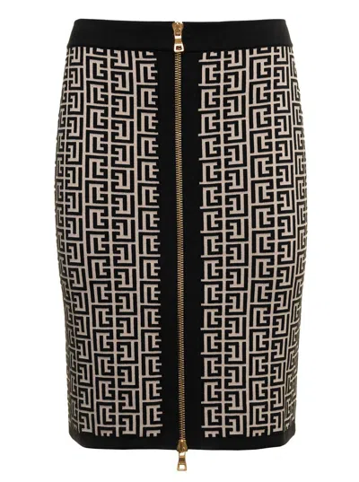 Balmain Monogram Wool Pencil Skirt With Zip In Multicolor
