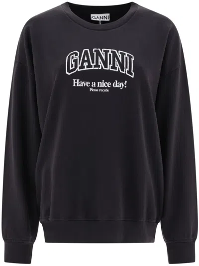 Ganni Logo-print Organic-cotton Sweatshirt In Grey