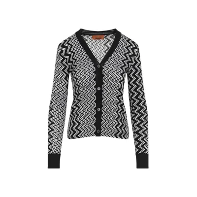 Missoni Buttoned Wool Cardigan Zigzag Stripes In Black