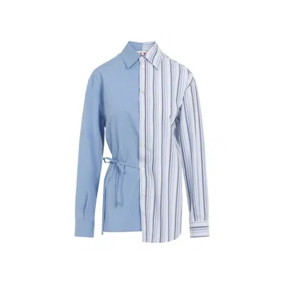 Marni Cotton Shirt With Asymmetric Hem And Striped Pattern In Blue