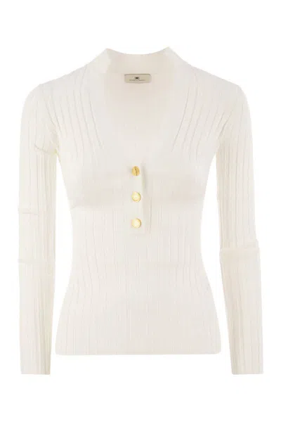 Elisabetta Franchi Ribbed Viscose Sweater With Button Placket In Beige
