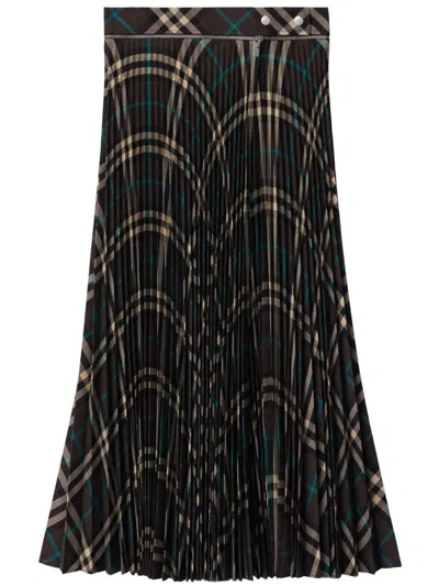 Burberry Long Multicolor Pleated Skirt With Check Motif In Wool Blend Woman In Black