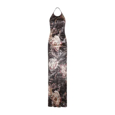 Etro Floral Crushed Velvet Backless Gown In Grey