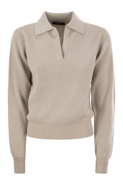 Fabiana Filippi V-neck Rib Trim Knit Polo Sweater In Beige