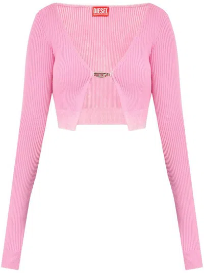 Diesel Ribbed Cropped Sweater With Iconic Closure Detail In Purple