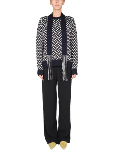 Jil Sander Fringed Tie-neck Intarsia Wool Sweater In Multicolour