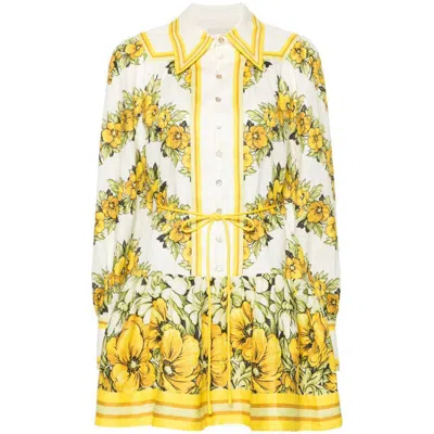 Alemais Gisela Floral Linen Balloon-sleeve Mini Shirtdress In Yellow/neutrals