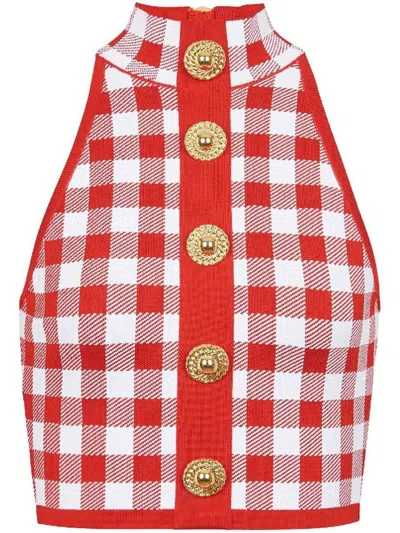 Balmain Cropped Button-embellished Gingham Knitted Top In Red