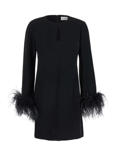 P.a.r.o.s.h Parosh Feather Trim Mini Dress With Elegant Silhouette And Keyhole Detail In Black