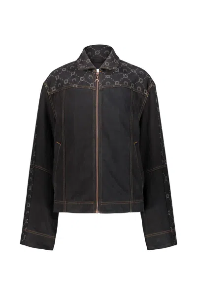 Marine Serre Crescent Moon-print Zip-up Denim Jacket In Black