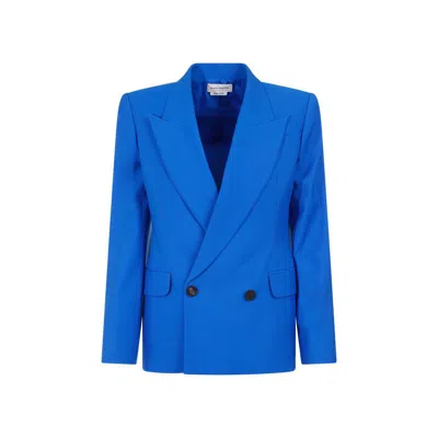 Alexander Mcqueen Double-breasted Structured Jacket With Wide Lapels In Blue