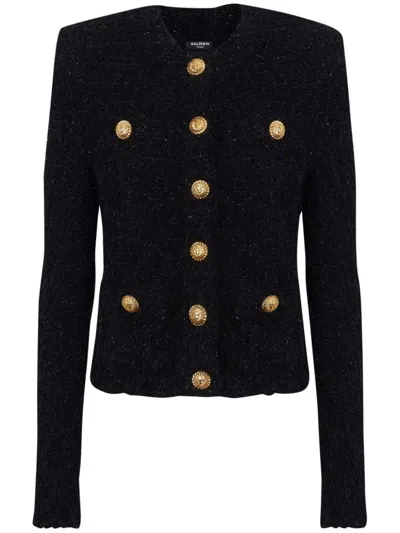 Balmain Collarless Four-pocket Tweed Jacket In Black