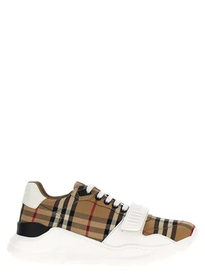 Burberry Beige And White Low Top Sneakers With Vintage Check Print And Rubber Sole In Canvas And Leather Man In Beige