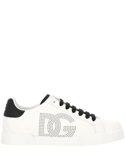 Dolce & Gabbana White And Black Leather Sneakers In White