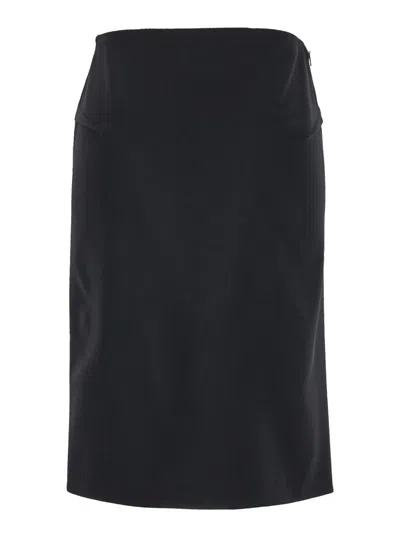 Versace Black Midi Skirt With Side Slit In Stretch Wool Woman In Black