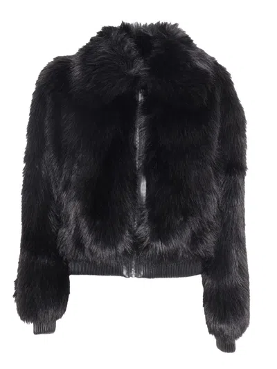 Michael Kors Faux Fur Bomber Jacket With Oversized Collar And Elasticated Trims In Black