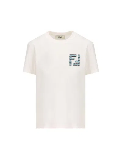 Fendi Logo Embroidered Crewneck T-shirt In Cloud Dancer